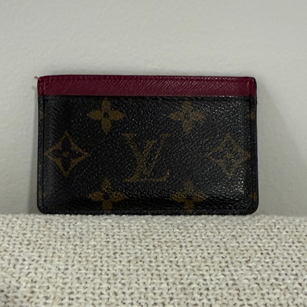 Louis Vuitton Black and Brown Monogram Card Holder with pink Trim